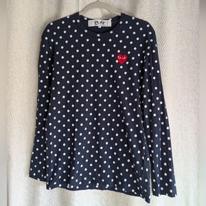 Comme des Garçons PLAY Polka Dot T Shirt Long Sleeve Navy Blue White Large
